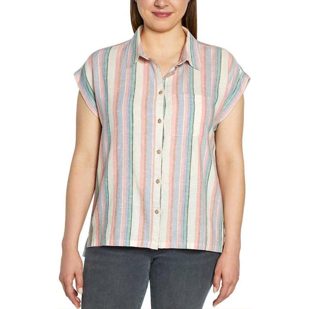 Orvis Linen‎ Blend Button Up Shirt Striped Cap Sleeve Casual Top Large Boxy Fit